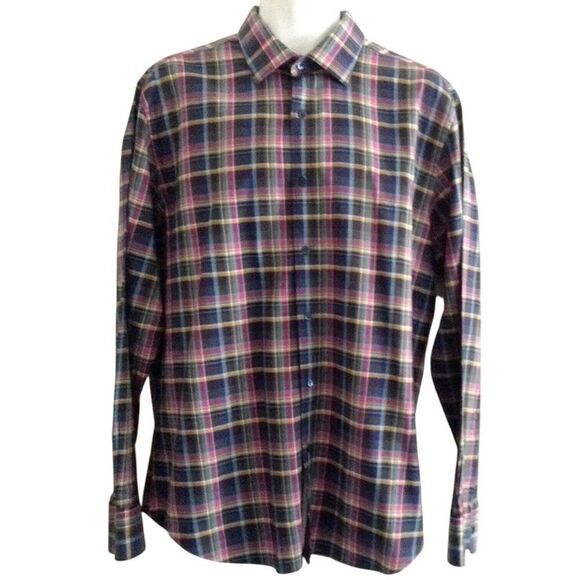 Bugatchi Uomo Shirt Men's Extra Large Plaid Blue Pink Yellow Green Date Night - Picture 1 of 4